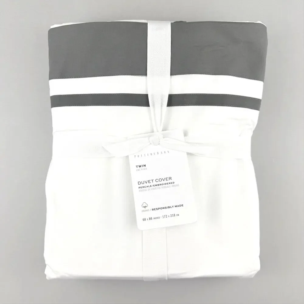 Pottery Barn Parker Duvet Cover TWIN Organic Percale White Flagstone Gray New